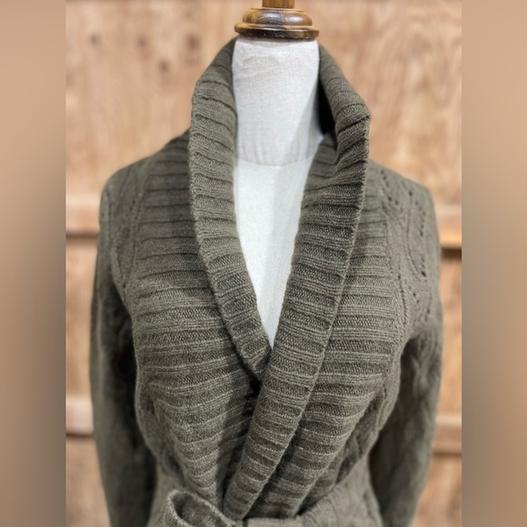 Halogen Cashmere Wool Crocheted Knit Wrap Cardigan – Olive Green Shawl Collar L - Picture 9 of 16
